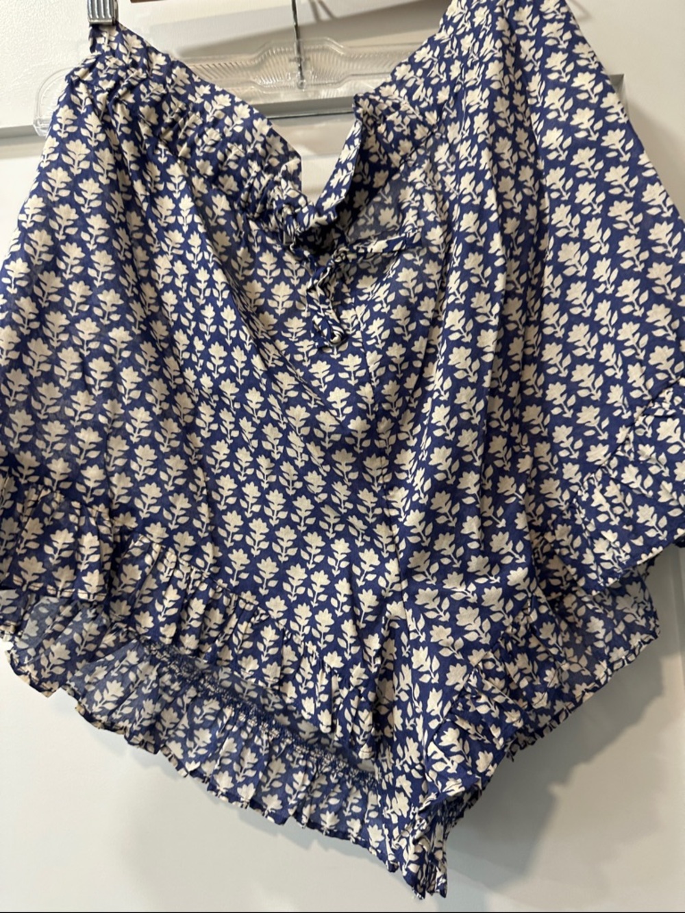 J. Crew Blue and White Floral Ruffle Tie-Front Blouse